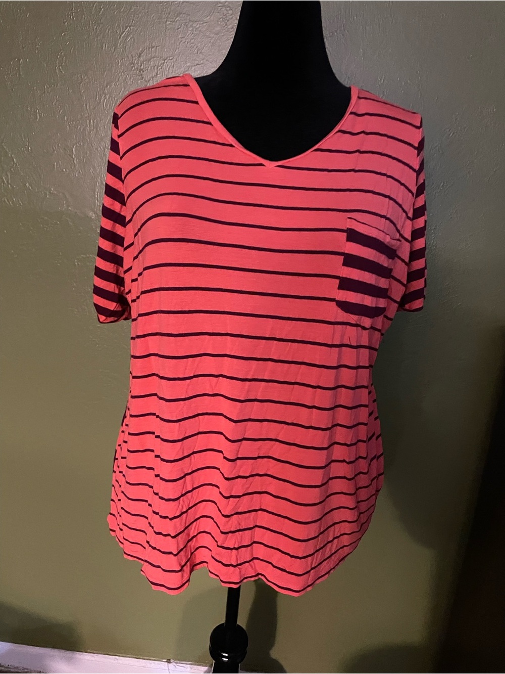 Maurices Coral and Black Striped V-Neck Pocket Tee